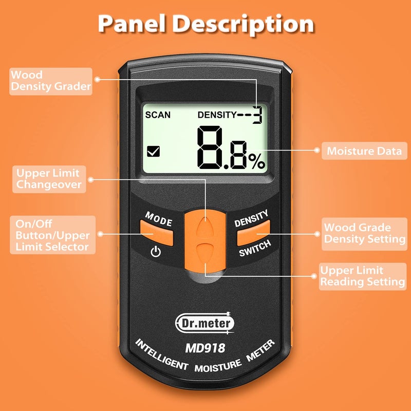 Dr.meter Pinless Wood Moisture Meter, Upgraded Version Inductive Pinless Tools Intelligent Moisture Meter Digital Moisture Meter for Wood (Range 4% - 80% RH; Accuracy: 0.5%), MD918 - Image 3